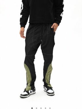 Men's Black Jogger Pants with Olive Panels